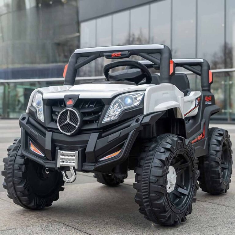 Synthetic White Battery-Powered Ride-On Toy Car for Kids with USB Port, LED Lights, and All-Terrain Wheels – 3+ Years